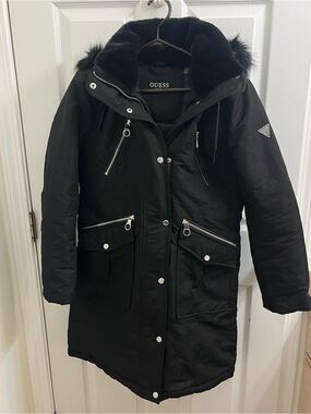 GUESS Black Hooded Parka with Faux-Fur Trim